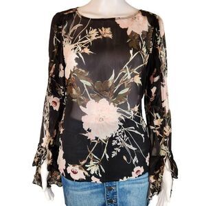 Lucky Brand Bell Sleeve Floral Sheer Blouse Top Small New